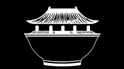 Stylized Asian-inspired bowl icon with traditional temple roof design. Minimalist vector illustration for food, restaurant, or cultural themes.