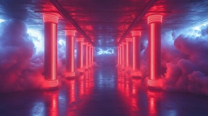 Surreal Hallway with Glowing Columns and Dreamlike Clouds, an otherworldly architecture concept