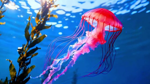 Jellyfish ocean sea marine life underwater aquatic animal wildlife nature swimming tentacles translucent colorful vibrant deep blue ecosystem medusa cnidarian invertebrate