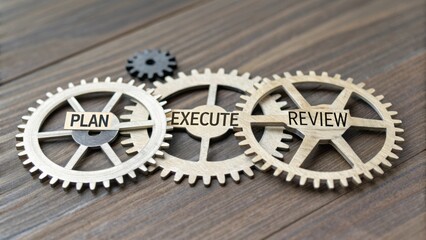 Three Gears Representing Plan, Execute, and Review Process in Business Strategy and Management with Wood Background