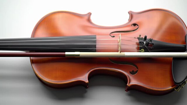 A violin resting on a surface, seen from a high angle, highlighting its wooden finish