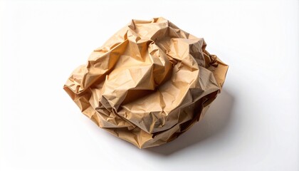 Crumpled brown paper ball on a white background, textured waste paper for recycling or creative projects