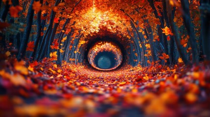 A mesmerizing tunnel of autumn foliage leading to a mysterious light