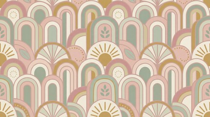 Cute Art Deco Geometric Seamless Pattern, Flat Design Soft Elegant Background for Luxury Branding