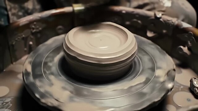 Wet clay taking shape on pottery wheel