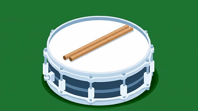 Cartoon drum, white head, grey rim, and blue body on a green background, with drumsticks