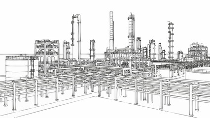 Obraz premium Architectural sketch of a large industrial oil refinery plant.