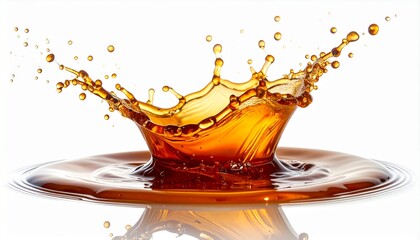 Dynamic splash of brown liquid, coffee, tea, or cola, creating a vibrant crown shape with droplets on a white background, perfect for beverage and refreshment concepts.