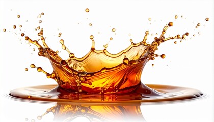 Dynamic splash of golden liquid, creating a vibrant crown shape with droplets, isolated on a clean white background, perfect for beverage and refreshment concepts.