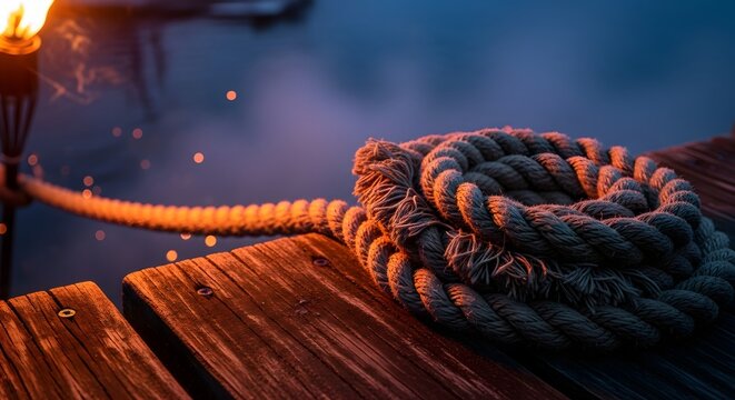 Coiled thick rope on a wooden dock brightly lit by a burning torch, capturing the ancient tradition and fiery spirit of Up Helly Aa celebration concept