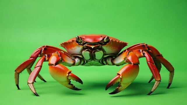 Close up shot of an orange crab isolated on a green background with its claws facing forward crab green screen video