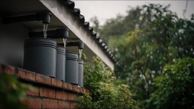 Rainwater harvesting system fills storage tanks on a rainy day outdoors