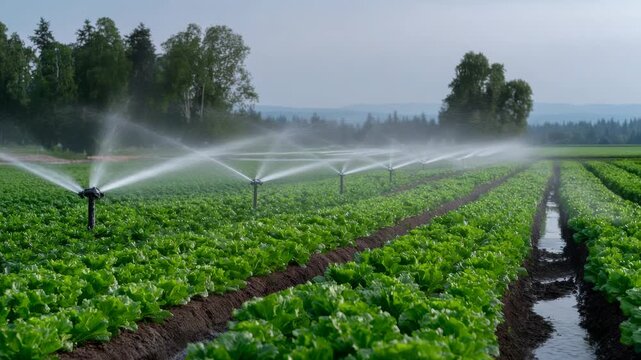 Irrigation system watering a lettuce field on a bright summer day