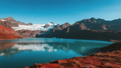 A serene alpine lake reflects snow-capped mountains and glaciers under a clear blue sky.