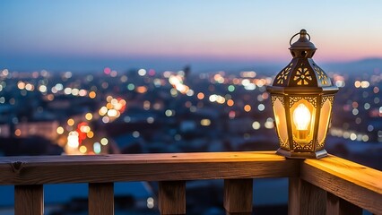Ramadan lantern shines brightly on a wooden balcony overlooking a beautiful blurred city skyline at dusk illuminating the night