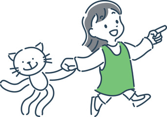 猫のぬいぐるみを持って笑顔で歩く女の子の可愛いシンプルなイラスト素材
