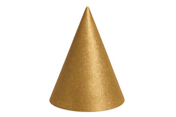 Gold glitter party hat standing on transparent background, celebrating birthday, festive event, joy, anniversary, holidays