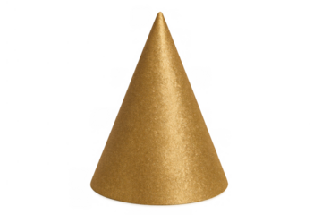 Gold glitter party hat standing on transparent background, celebrating birthday, festive event, joy, anniversary, holidays