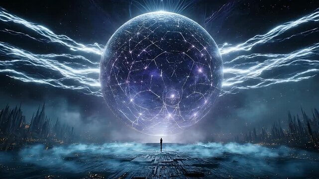 Solitary figure stands before a colossal glowing sphere of interconnected energy in a futuristic world