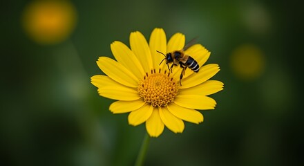 Obraz premium Closeup of a bee collecting pollen from a vibrant yellow daisy in a natural outdoor setting
