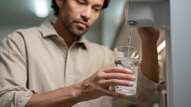 Man filling glass with fresh water from home dispenser for hydration