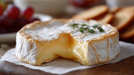 Soft brie cheese with creamy flowing interior and delicate white rind in detailed macro view, highlighting rich texture, gourmet dairy character and elegant food styling