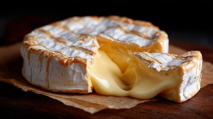 Soft brie cheese with creamy flowing interior and delicate white rind in detailed macro view, highlighting rich texture, gourmet dairy character and elegant food styling