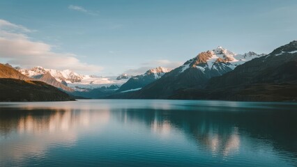 Snow-capped mountains reflected in a calm alpine lake under a clear sky