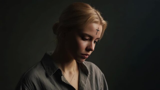 Woman portrait with cross on forehead ash wednesday lent concept