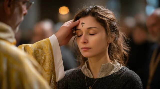 Ash Wednesday: Woman receives cross of ashes on her forehead in Church