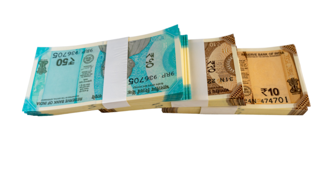 Bundles of ₹10 and ₹50 Indian Currency Notes wrapped in White Paper Band