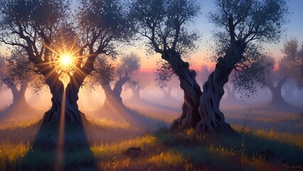 Sunlight shining through trees in a misty forest landscape at sunset with a dreamy atmosphere view