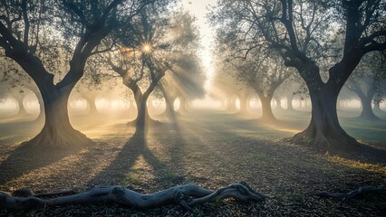 Sunlight shining through trees in a foggy forest creating a mystical and atmospheric landscape view