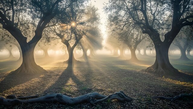 Sunlight shining through trees in a foggy forest creating a mystical and atmospheric landscape view