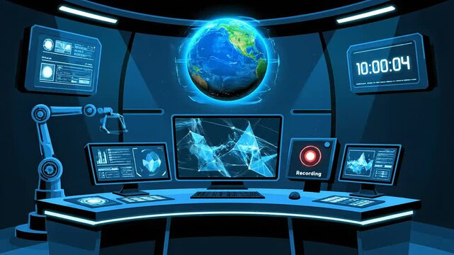 Control room monitoring center video animation stylized tech interface background loop template