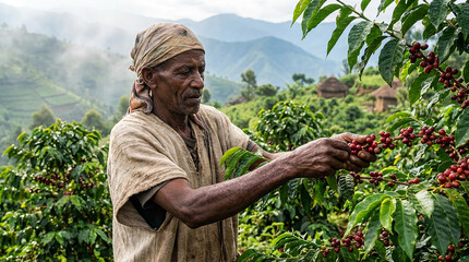 Coffee Plantation on Mountain Hills with ethiopian Farmers Working in Early Morning Fog