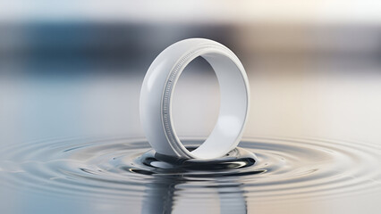 Elegant white ring gracefully resting on water surface creating ripples