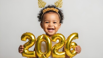 Adorable baby girl celebrates new year with golden balloons and headwear