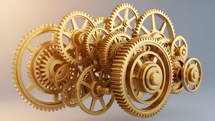 Golden gears interlocked mechanism representing engineering and technology concepts