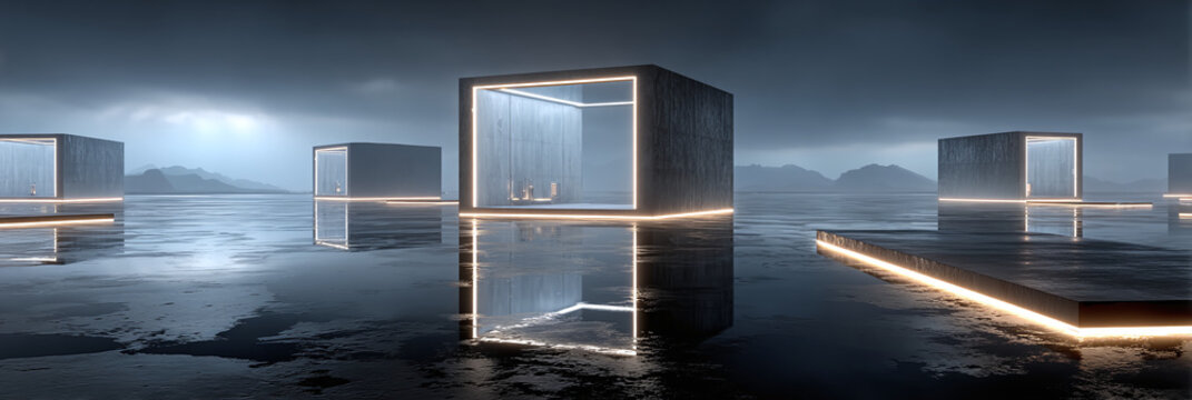 Abstract futuristic scene featuring glowing geometric cube structures on a reflective water surface with a misty mountain backdrop