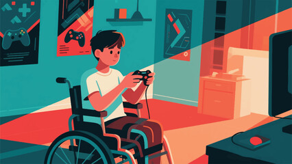 Illustration Of Teenager With A Physical Disability Is Intensely Focused On A Video Game, Using An Adaptive Controller Vector Design Template © BedRoses