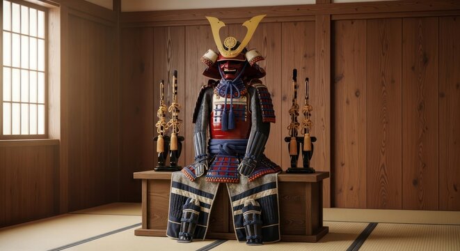 Detailed samurai armor on a wooden platform showcasing ancient japanese culture and tradition