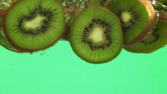 Sliced pieces of kiwi fall under the water on a light background. Filmed on a high-speed camera at 1000 fps. High quality FullHD footage