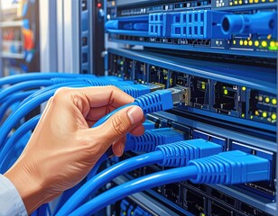 Hand plugs blue cable into server rack