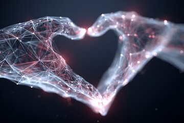 Modern digital hands forming a heart shape with glowing connections and network, perfect for technology, healthcare, or love-themed projects, radiating care and innovation