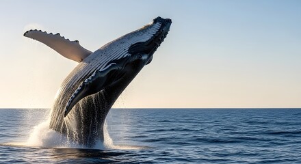 Obraz premium Majestic humpback whale breaching out of the deep blue ocean with a powerful splash under a clear sky for Whale Day celebration concept and marine wildlife.
