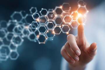 Innovative technology interaction digital environment graphic content futuristic concept close-up view hand touching hexagons