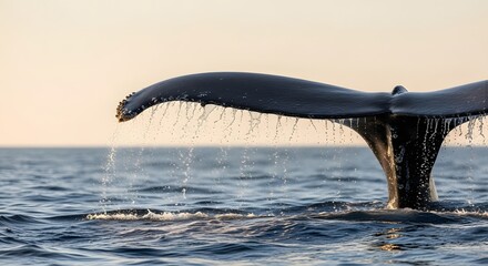 Obraz premium Humpback whale tail breaching the ocean surface at golden hour with glistening water drops for marine life conservation concept and Whale Day