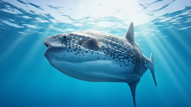 Ocean sunfish swims through the light-filled blue ocean water