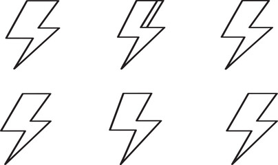 Six hand drawn lightning bolt icons representing energy power electricity and speed isolated on white background.